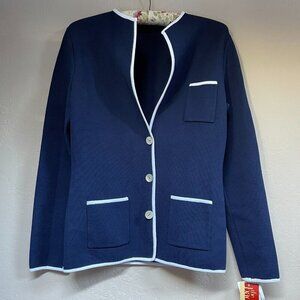 IKI Made in Italy Women Blue White Trim Knit Cardigan Sweater Jacket 12 New $350